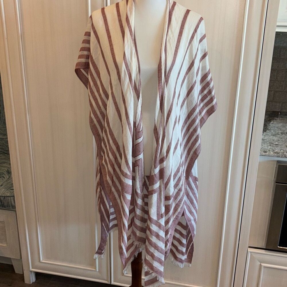 Steve Madden red white striped kimono cover up fringe hem OSFM shawl wrap boho